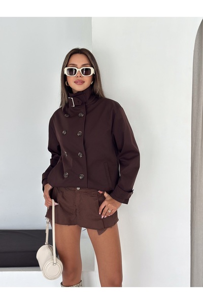 vesantia Women's Stand Collar Trench Coat with Belt Detail at Neck