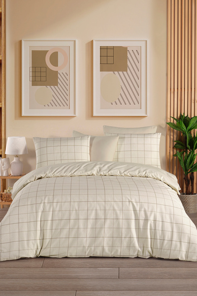 Karden Flower Dream Cotton Frame Beige 100% Cotton Poplin Double Duvet Cover Set