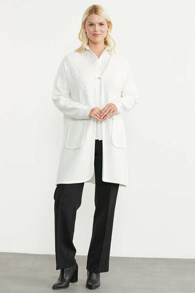 Sementa Motifed Agraf Detailed Long Knitwear Cardigan - Bone