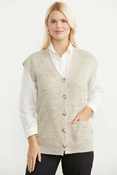 Sementa V-Neck Knitwear Vest with Pockets - Light Beige