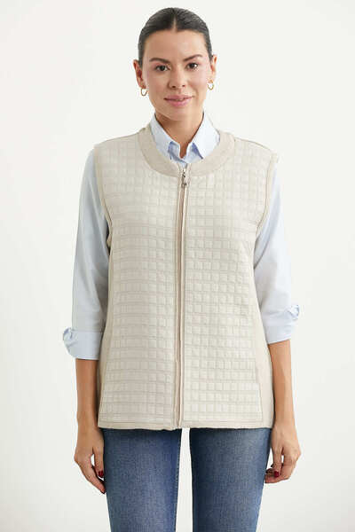 Sementa Quilted Detailed Zippered Knitwear Vest - Beige
