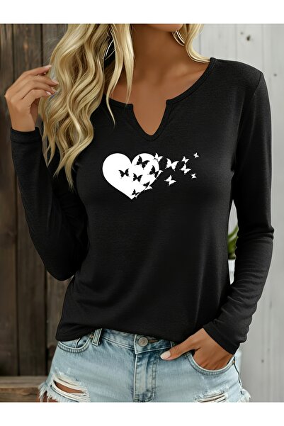 Deocept Printed Cotton Half V-Neck Long Sleeve Blouse T-Shirt