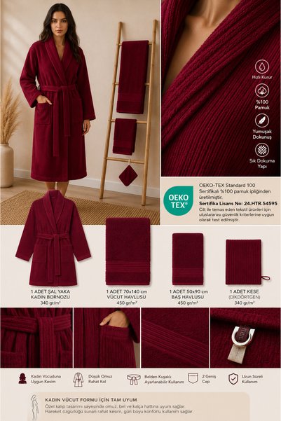 Ellaline Eldy Women's Bathrobe Set 4 Pieces, 100% Cotton Certified Striped Shawl Collar Women's Bathrobe Set - Claret Red