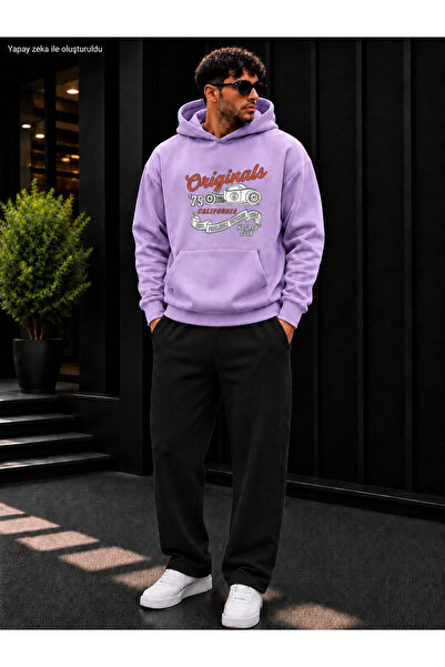 caddekombin Men's Originals 75 Car Printed Tracksuit Set / Hooded Kangaroo Po...