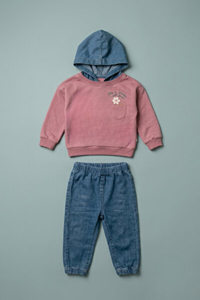 zumino Baby Girl Floral Embroidered Hooded Sweatshirt and Jogger Jean Pants Set