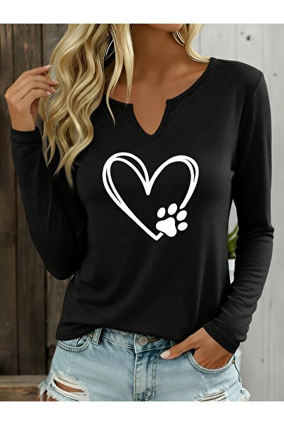 Deocept Printed Cotton Half V-Neck Long Sleeve Blouse T-Shirt