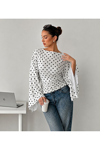 ns nirvana secret Women's Boat Neck Polka Dot Spanish Sleeve Slit Blouse