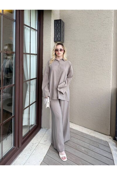 Moda Aydın Butik طقم نسائي كبير الحجم مزين بالأحجار مع بنطلون M41411 - مينك