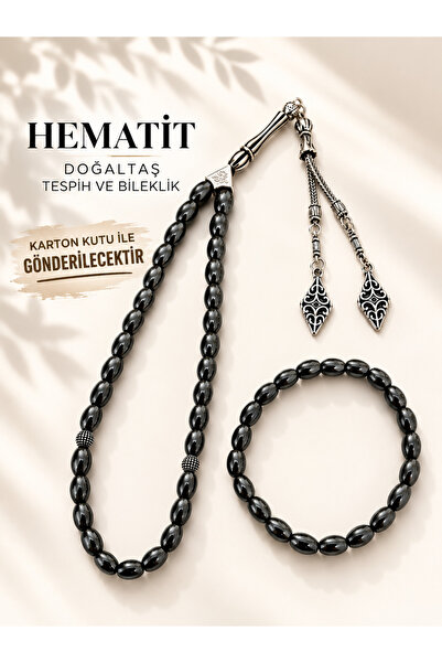 QELA COLLECTION Doğaltaş Arpa Kesim Hematit Erkek Tespih ve Bileklik Seti Şık...