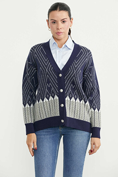 Sementa Oversize Patterned Knitwear Cardigan - Navy Blue
