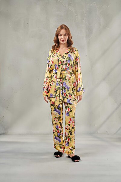 DAWN LİNE Women's Floral Patterned Satin Kimono Pajama Set with Belted Pocket...