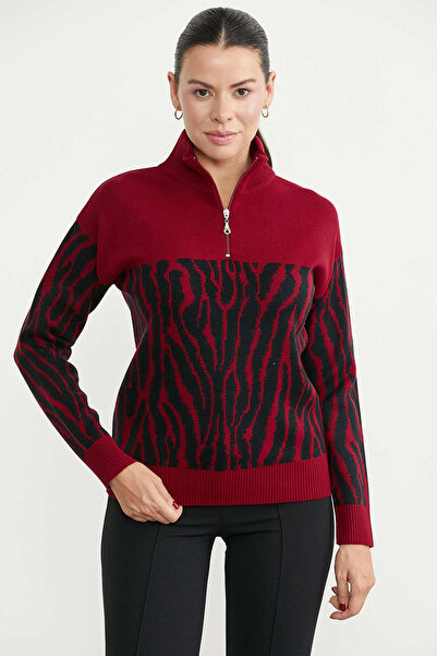 Sementa Zebra Patterned Half-Zip Knit Sweater - Red