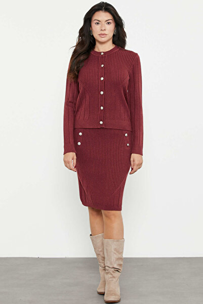 Sementa Metal Button Detailed Skirted Knitwear Set - Burgundy