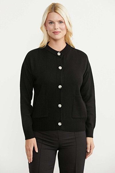Sementa Buttoned Crew Neck Knit Cardigan - Black