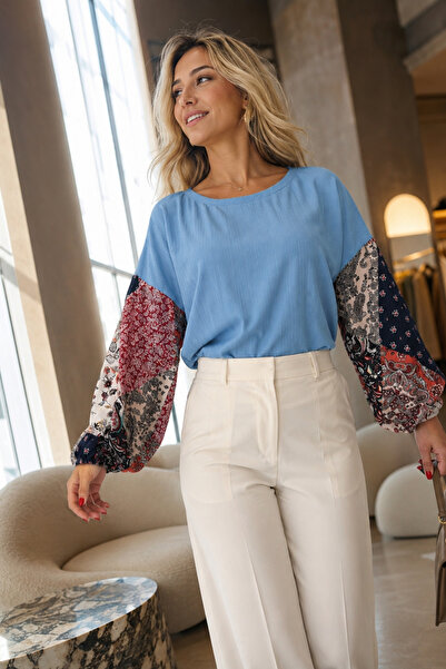 armonika Women's Blue Patterned Balloon Knit Sweater Arm-20K081001