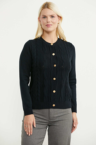 Sementa Motifed Round Neck Knitwear Cardigan - Black
