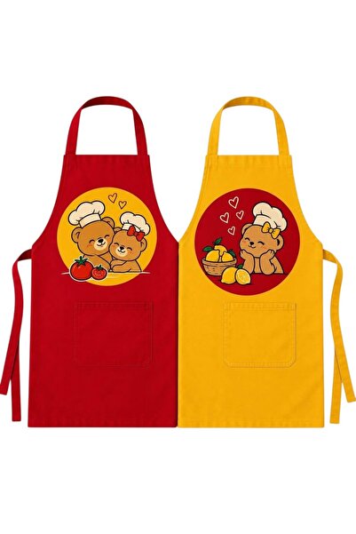 Ayıcıklı Desenli Unisex Mutfak Önlüğü 2'li Set Kırmızı Sarı