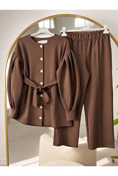EC MODA Women's Hijab Balloon Sleeve Belted Pants Suit