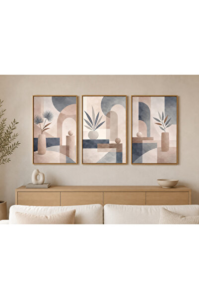 RDEKOR 3’lü Modern Bohem Dekoratif Duvar Tablosu Seti Abstract Geometrik Bitk...