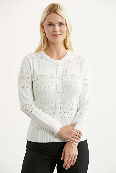 Sementa Perforated Motif Buttoned Knitwear Sweater - Bone