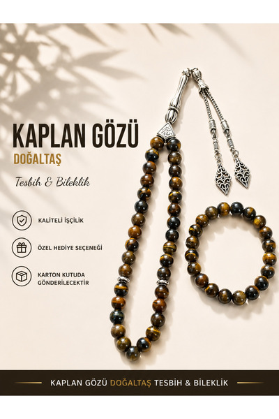 QELA COLLECTION Kaplan Gözü Doğaltaş Tesbih ve Bileklik Seti Erkek Hediyelik ...