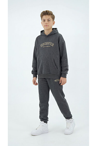 Mışıl Kids Embroidered Boys' Hooded Kangaroo Pocket Tracksuit Set
