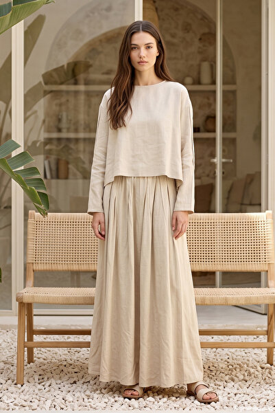 Lale Butik Linen Suit with Skirt and Sleeveless Detailing 4457 Beige