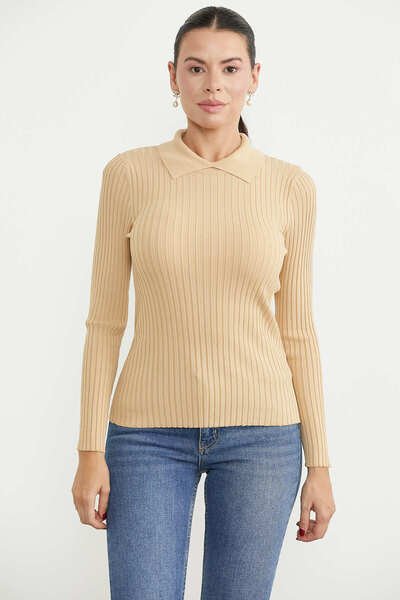 Sementa Collar Detailed Ribbed Knit Sweater - Beige
