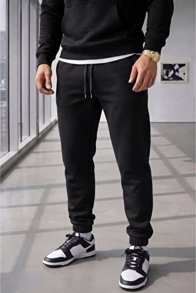 NO 601 Men's Black Elastic Waistband 3-Strap Inside Ribbed Sweatpants