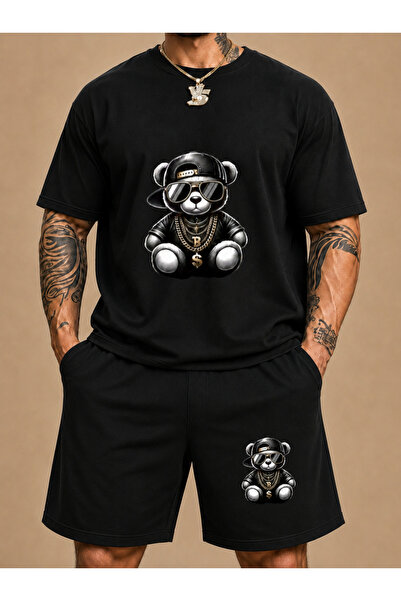 FRISKO Men's Teddy Bear Printed Shorts and T-Shirt Set 100% Cotton Oversize 2...