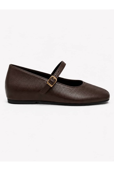 Lizy Shoes Women's Brown Leather Strappy Ballerinas with Gold Buckle, Square Toe, Daily Stylish and Comfortable Ballerinas