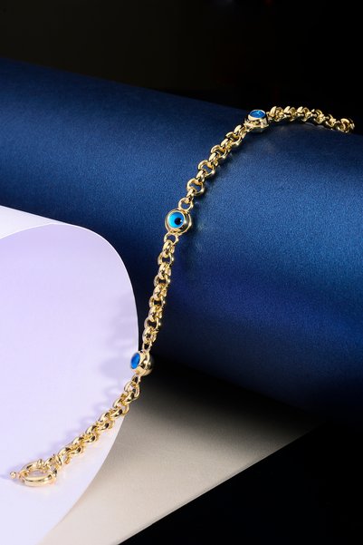 innuendo jewelery 925 Ayar Gümüş Üzeri Altın Kaplama Üç Göz Detaylı Nazar Boncuklu Bileklik