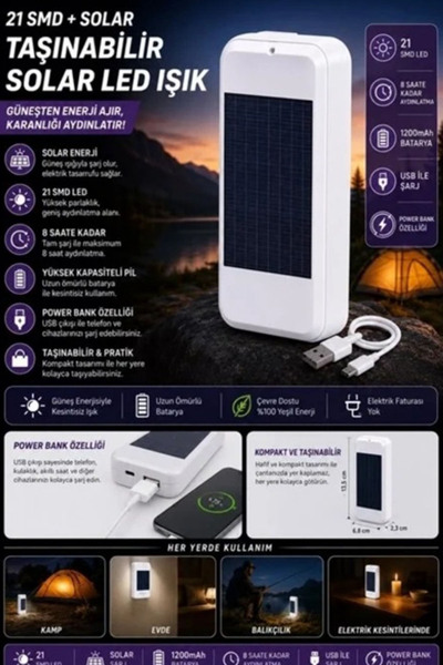 CİYU TİCARET Taşınabilir Solar Led Power Bank Çok Amaçlı Pratik Kamp Tatil Çantada Kolay Taşınır