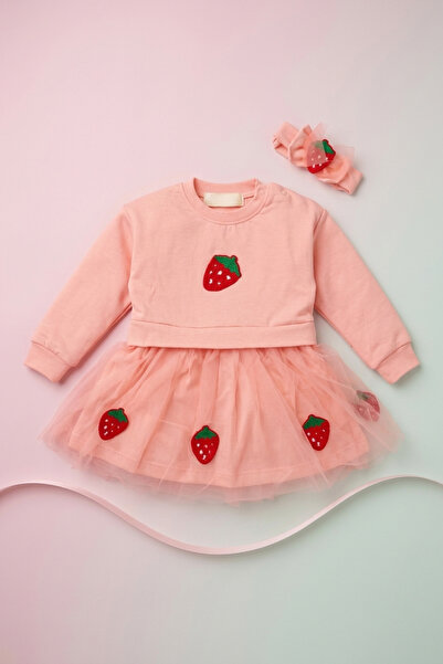 zumino Baby Girl Strawberry Embroidered Tulle Dress and Bandana 2-Piece Set