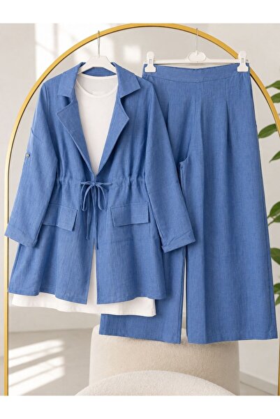 modasindoma Women's Hijab Suit with Jacket in Linen Blue