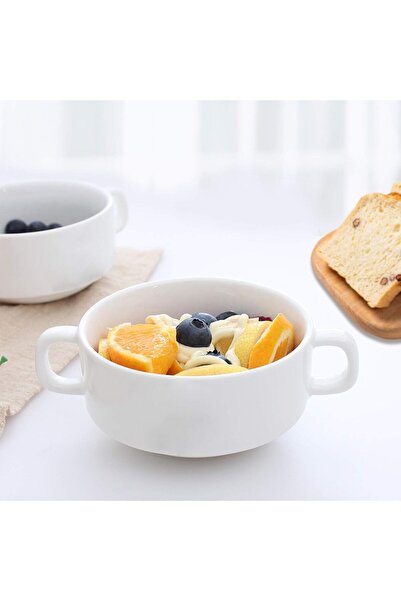 Foraineam Porcelain Bowls with Double Handles 10 Ounce White French Onion Soup Crocks Round Stackable Bowls for Soup, Cereal, Oatmeal, Set of 6