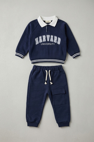 zumino Boys' Polo Collar College Printed Cargo Pocket Tracksuit Set