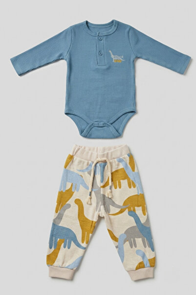 zumino Baby Boy Dinosaur Patterned Corduroy Snap Fastener Bodysuit and Jogger...