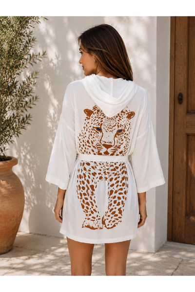 Home Kadın Leopar Baskılı Kapüşonlu Plaj Elbisesi Pareo Kimono Beyaz