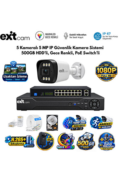 KARER ExitCam 5 Kameralı 5MP IP PoE Güvenlik Kamera Seti – 500GB HDD Takılı, ...