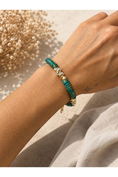 Sistersco Green Gold Detailed Bead Bracelet Adjustable Design