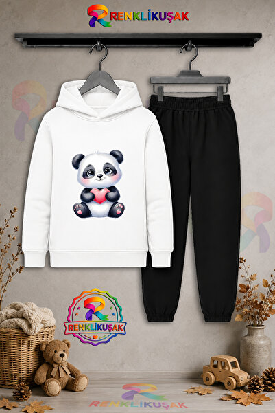 RENKLİKUŞAK Çocuk Unisex Pandacik Pembe Kalpli Baskılı Kapşonlu Eşofman Takım