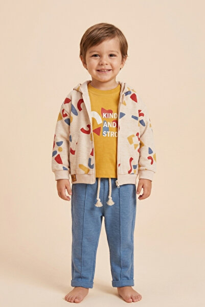 zumino Baby Boy Hooded Zippered Cardigan Ribbed Pants 3-Piece Set
