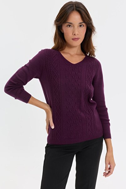 Desen Triko Women's V-Neck Front-Walked Knitwear Sweater Plum
