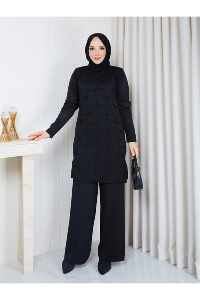 KAYA BUTİK Cold Yarn Self-Star Patterned Tunic Pants Set