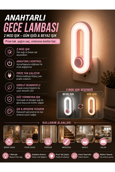 kialed Prize Takılan Anahtarlı LED Gece Lambası 2 Mod Beyaz ve Gün Işığı Bebek Çocuk Yatak Odası Pembe