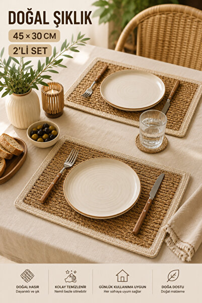 Le Paon 2' li Set Hasır Amerikan Servis 45x30 CM Doğal Örgü Dikdörtgen Supla ...