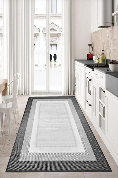 PERA HOMEART GRİ ÇERÇEVELİ SİSAL HASIR GÖRÜNÜMLÜ KAYMAZ TABAN DİJİTAL BASKI S...