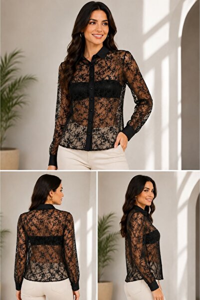 AYDIN WEAR Siyah Dantel Çiçek Desenli Transparan Bluz