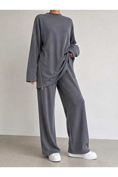 Lunsera Store Two-Sided Zipper Detail Long Pants Suit-Grey